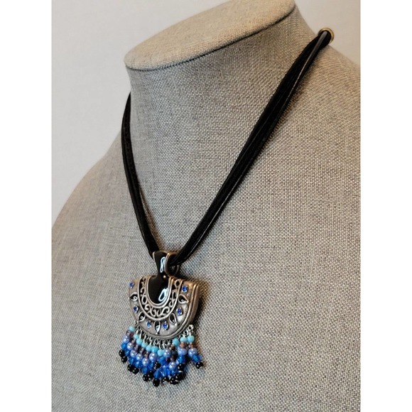 CHICO'S Three Strand Leather Corded Necklace W/ Beaded Silvertone Pendant - Picture 4 of 7